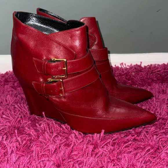 Derek Lam Marta Buckle Leather Wedge Bootie in Carnelian Holiday Red 8.5 Boots - Picture 6 of 13